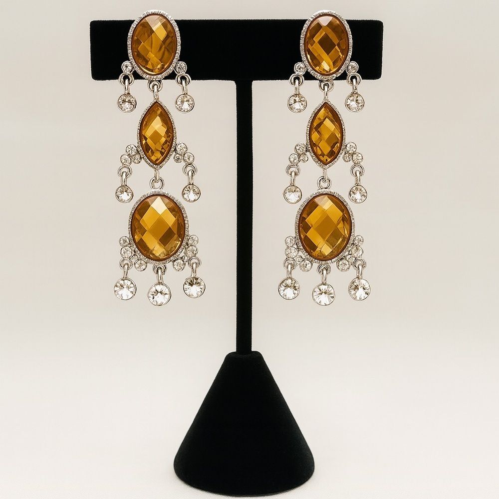 Amber and Silver Dangle Statement‎ Earrings 
Size: 3 1/2” long